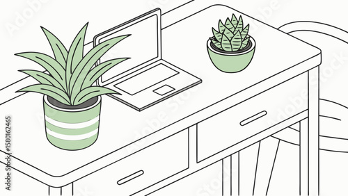 Office desk with laptop and plants vector design for workspace illustration and creative desk setup concept