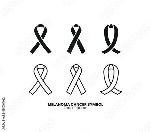 A collection of black ribbon melanoma cancer awareness symbols, perfect for health, support, and charity designs