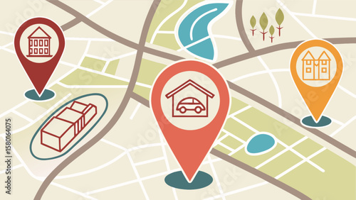 Real estate property location map with house building apartment and car garage pin pointers for gps navigation
