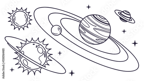 Outlined planets and celestial bodies in space for coloring pages and educational resources for kids