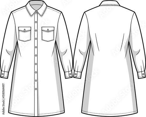 Women’s shirt tunic technical sketch with long sleeves, chest pockets, button front, curved hemline, and back dart detail illustration.