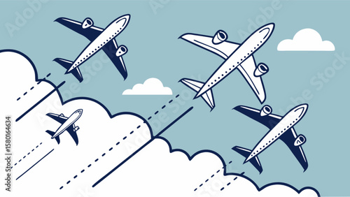Airplane travel concept illustration showing planes flying through clouds in the sky drawing style art 100