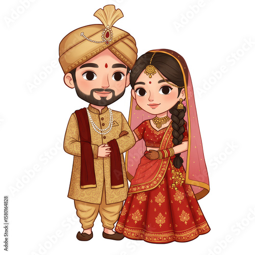 Cartoon Indian Wedding Couple Bride Groom Traditional Isolated PNG