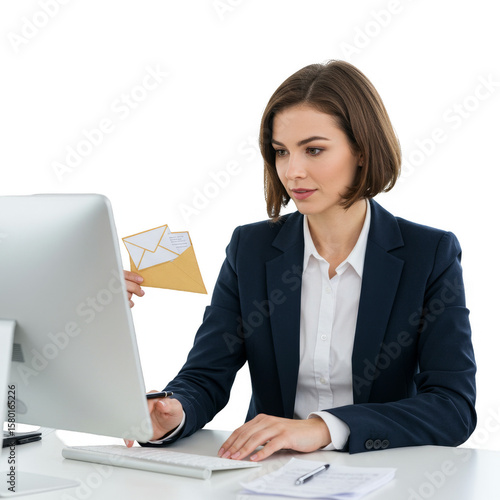 Businesswoman Holding Email in Hand Office Transparent Background