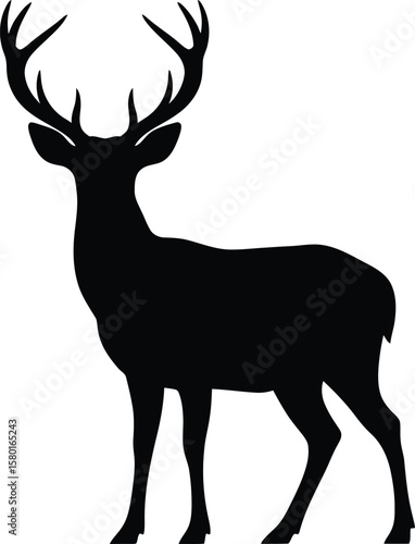 Black silhouette of a stag with large antlers on white background deer animal