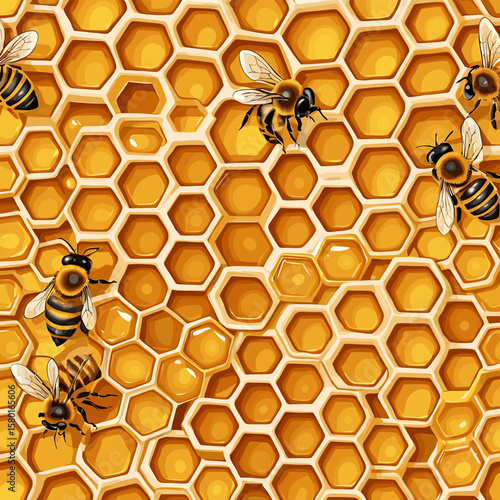 Close-Up of Honey Bees on Golden Honeycomb with Hexagonal Patterns in a Beehive Environment