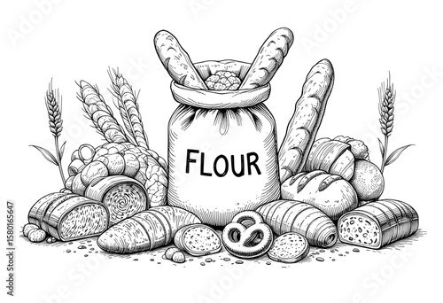 Hand-Drawn Illustration of Various Baked Goods and Flour Bag with Wheat Stalks
