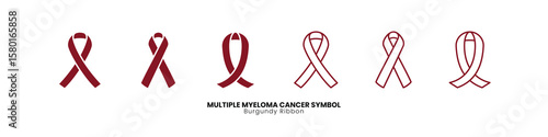 Versatile burgundy ribbon vector icons for Multiple Myeloma Cancer awareness. Features both filled and outline styles, perfect for diverse health advocacy designs