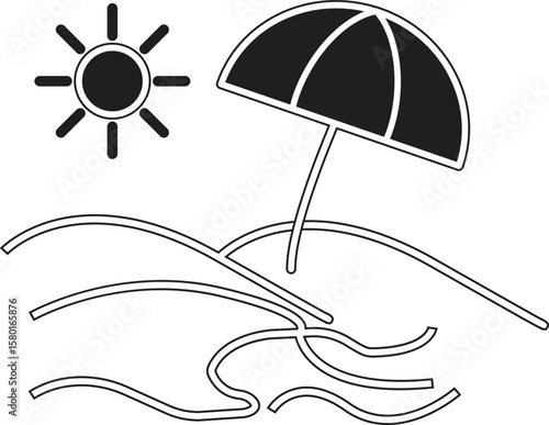 Beach and umbrella icon with sun representing vacation holiday, tropical tourism or summer seaside trip with transparent background