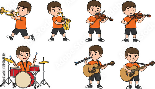 Cartoon boy playing trumpet, saxophone, violin, drum, clarinet, guitar, music instrument collection, children music, education vector, isolated design
