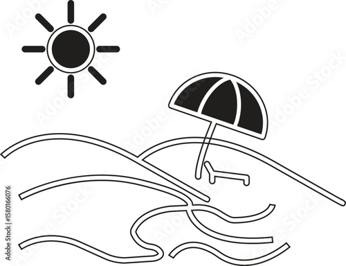 Beach scene with umbrella and sun icon representing summer vacation destination and ocean relaxation with transparent background