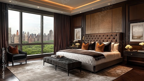 Luxurious bedroom in a New York penthouse-style apartment featuring modern decor and chic furnishings. 
