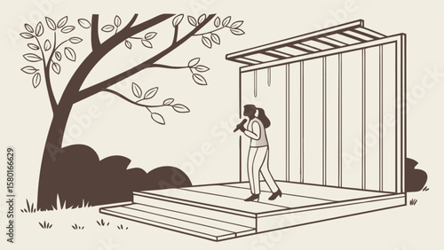 Illustration of woman performing on stage outdoors with microphone under tree at event showcasing talent