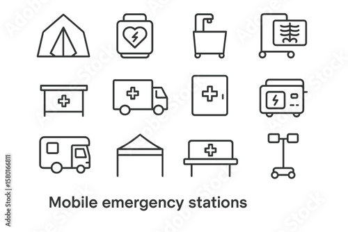 Mobile emergency stations icons with medical and emergency symbols