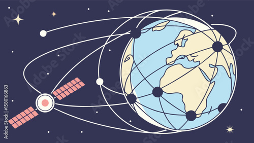 Global network illustration showing satellite connection and digital communication across the world globe