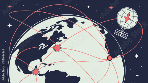 Global network communication satellite earth connection worldwide internet technology illustration vector design