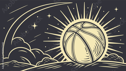 Basketball art print with sunburst and celestial elements for sports themed home decor and game room design