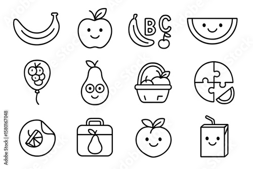 Smiling fruit and snack icons with basket and juice box on dark background