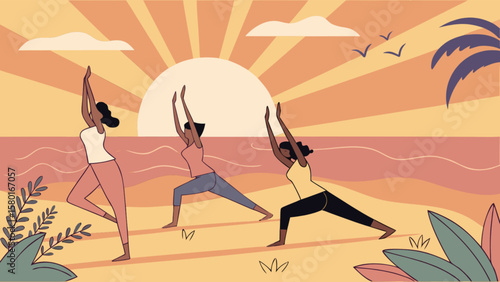 Yoga retreat on the beach at sunset with diverse women practicing mindfulness and wellness exercise class for zen