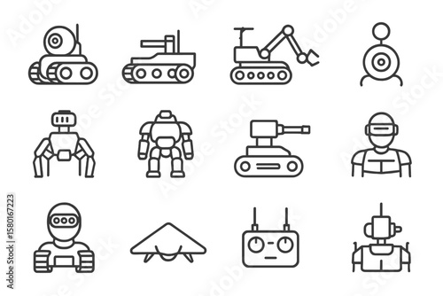 Set of minimalist robotics and ai icons on dark background