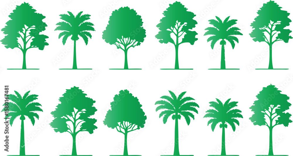 Obraz premium Collection of green gradient tree silhouettes nature