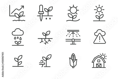 Agriculture icons: growth, harvest, water, sun, alerts - minimalist design