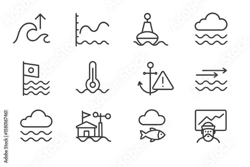 Weather icons: waves, clouds, thermometer, wind direction, fishing, alert symbols