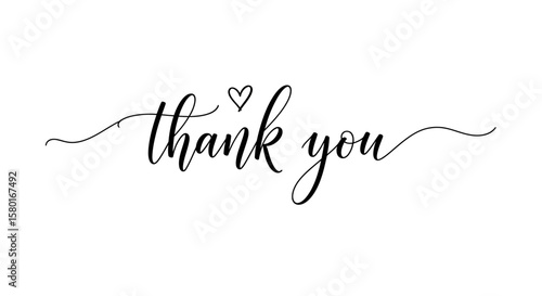 Elegant Black Script Thank You with a Delicate Heart Symbol.