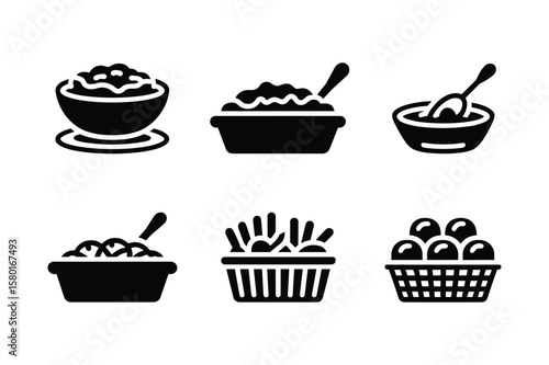 Black food icons with bowls and baskets serving
