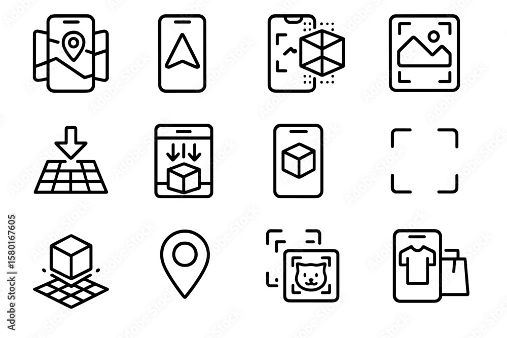 Augmented reality icons on black background in grid format Augmented reality icons on black background in grid format