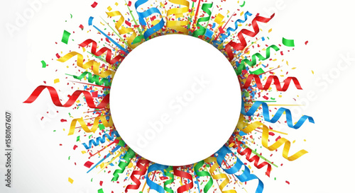 Festive Celebration with Colorful Streamers and Confetti Bursting Around Circle.