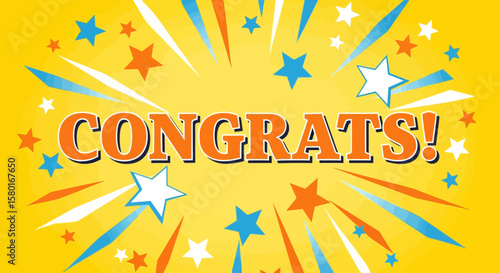 Vibrant Congrats Text Surrounded by Starbursts and Colorful Stars.