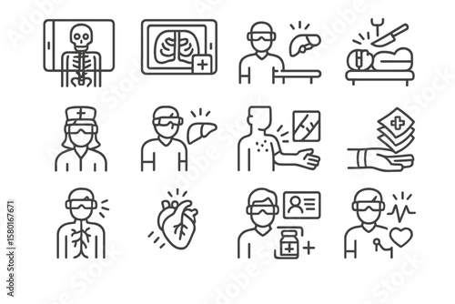 Medical icons set including heart, lungs, and healthcare worker symbols