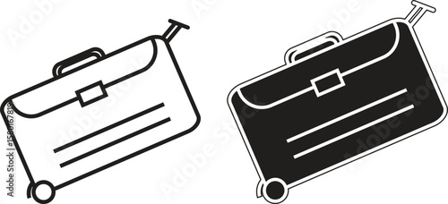 Rolling suitcase icon in angled position representing traveler motion, portable luggage or holiday preparation with transparent background