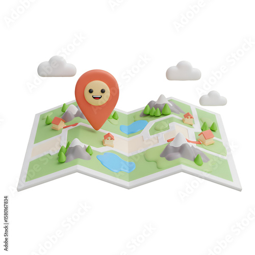 Cartoon Map Location Pin 3D Render on Transparent Background