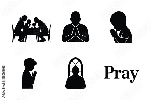 Family praying together and individuals in prayer silhouette child
