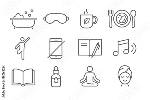 Relaxation and self-care icons for daily wellness routines