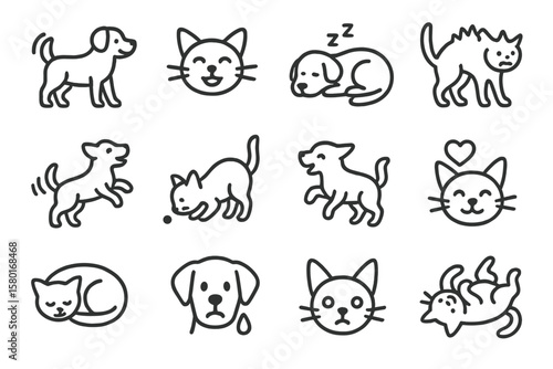 Outline icons of cats and dogs with various expressions on dark background
