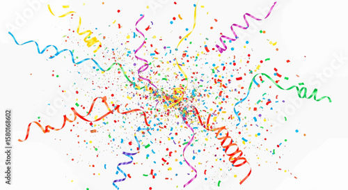 Festive Explosion of Colorful Confetti and Spiraling Party Streamers.