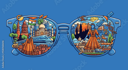 Indian Culture and Landmarks Reflected in Stylish Sunglasses Illustration.