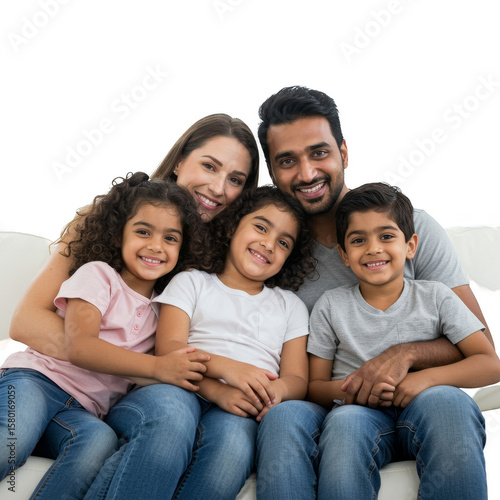 Cheerful Family Portrait Transparent Background Sitting Together on Couch