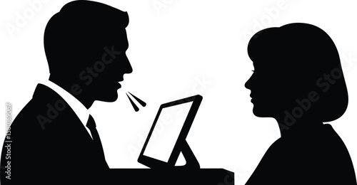 Man and woman in silhouette talking over a tablet speaking