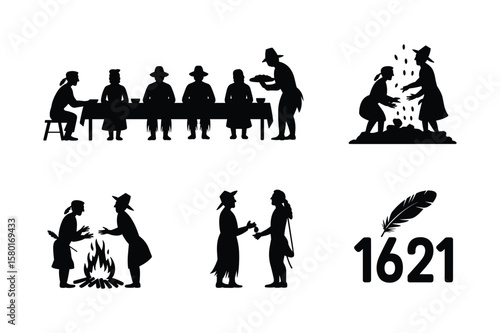 Pilgrim and Native American silhouettes depicting historical events thanksgiving