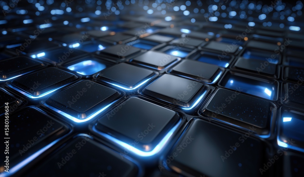 Obraz premium Abstract 3D rendering of black metal squares with blue glowing lights, futuristic digital technology and artificial intelligence concept background