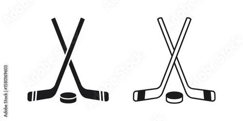 Hockey Stick Flat Icon On White Background.hockey sticks and puck vector icon set in black color.Vector art of a collection of hockey stick and puck icons isolated on white background