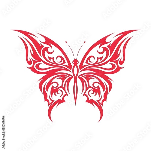 Bold red tribal butterfly illustration featuring symmetrical lightning-style wings, clean vector lines, and a sharp silhouette on a white background, ideal for tattoo or graphic art
