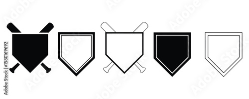 outline silhouette home plate baseball icon set isolated on white background.Vector art of a collection of baseball home base icons with crossed bats isolated on white background
