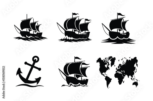 Sailing Ships Anchor World Map Silhouette schooner galleon