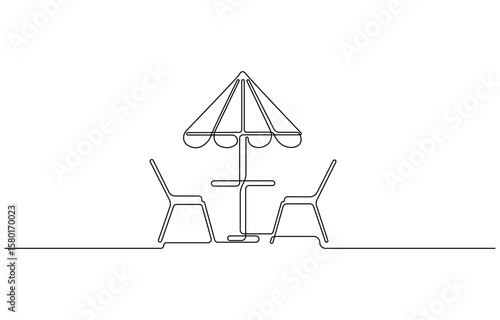 Garden chairs and table in continuous line art drawing style. Outdoor furniture black linear sketch isolated on white background.