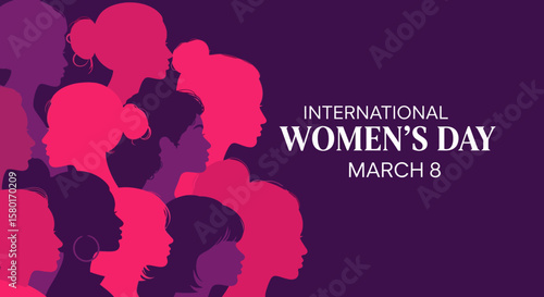 Silhouetted Women Celebrating International Womens Day in Purple and Pink.